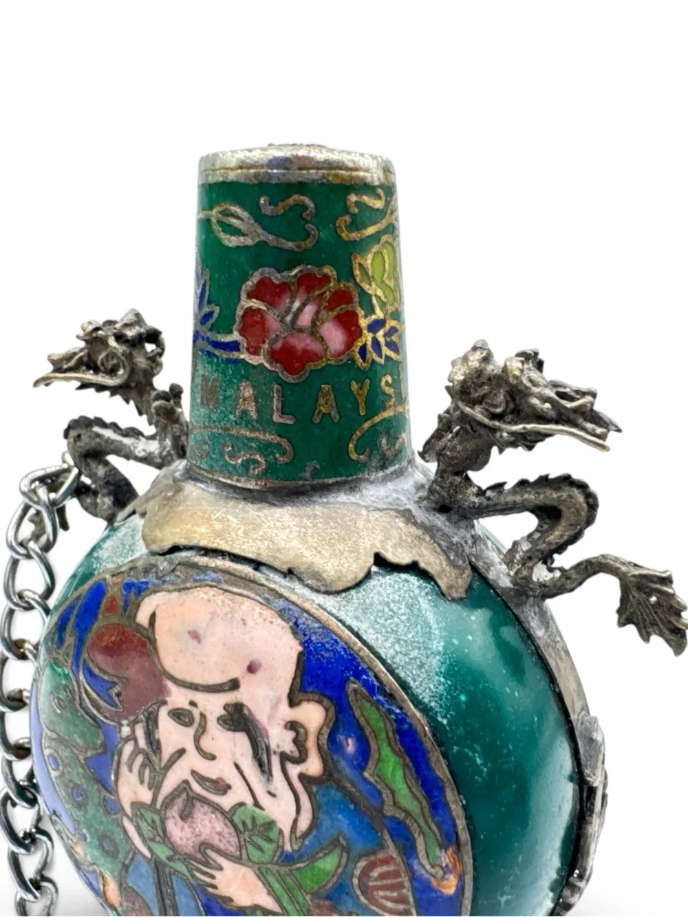 Vintage Malaysia Cloisonné Snuff Bottle Double Dragon Figural 4”